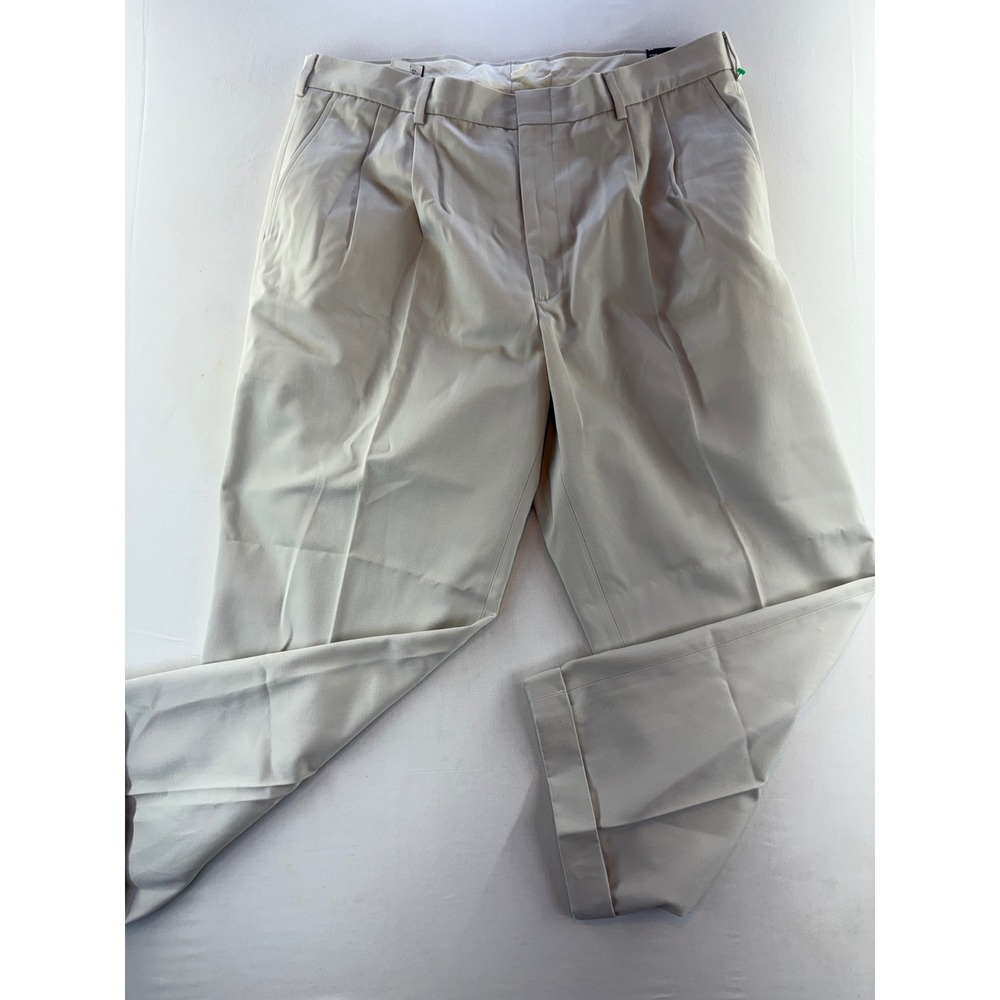 Lands' End Traditional Fit Pleated Chinos Mens 37 Stone Beige Cuffed Trousers